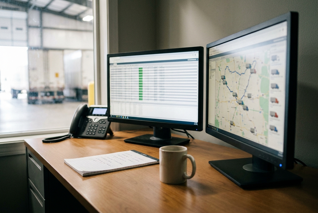 Dispatcher workstation with dual monitors showing a load board and a map of truck locations across the United States
