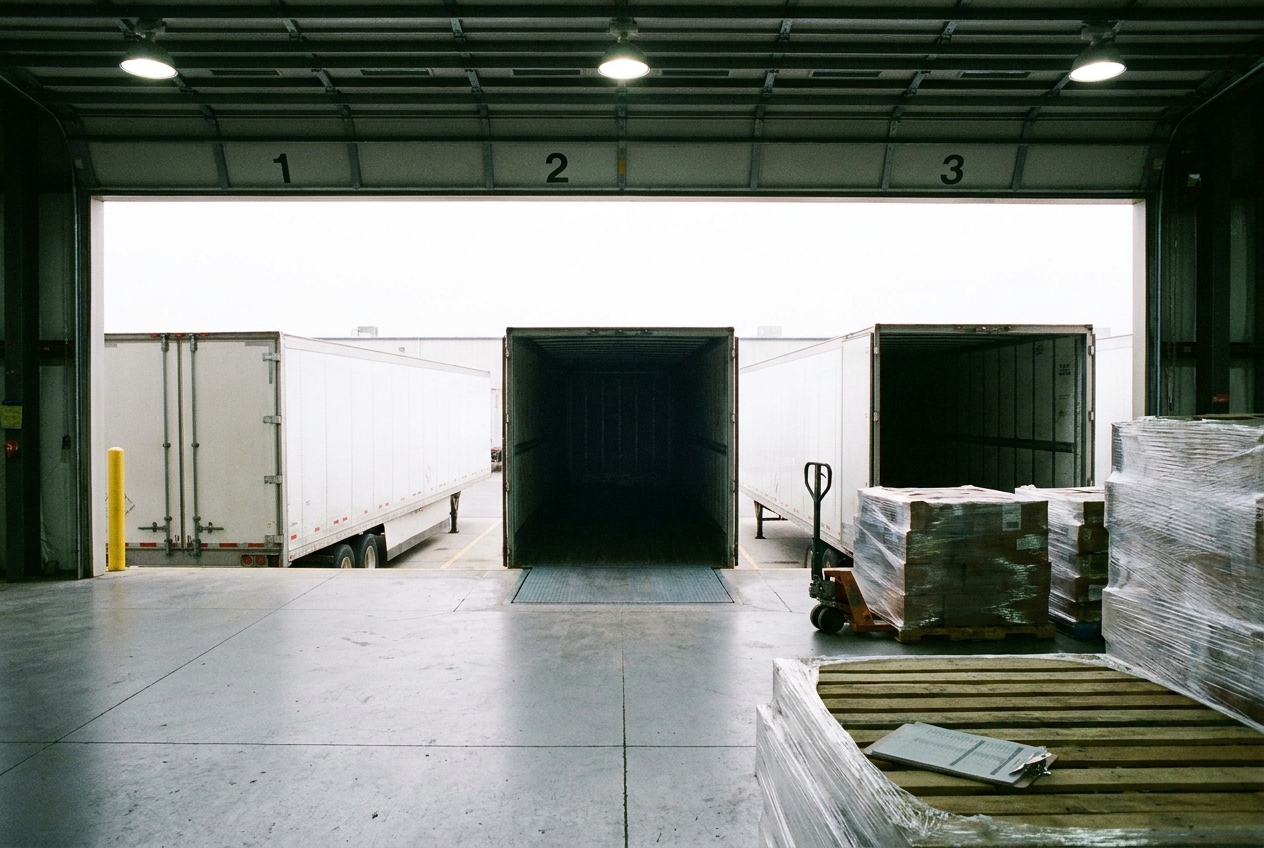 Dry van trailers backed into loading dock doors at a distribution center with a shipping clerk reviewing paperwork on a clipboard