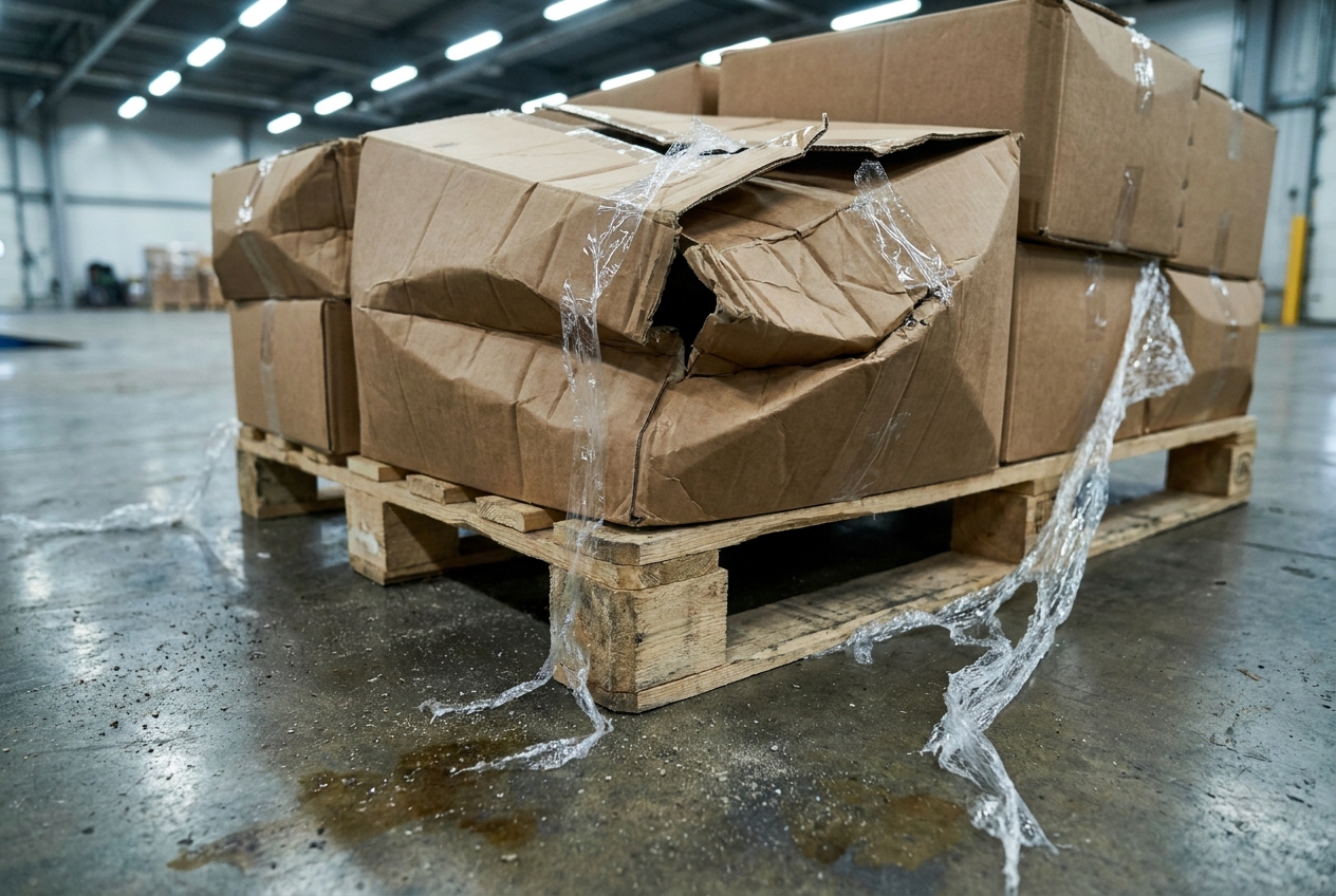 Damaged shipping pallet with crushed cardboard cartons and torn stretch wrap on a warehouse dock floor