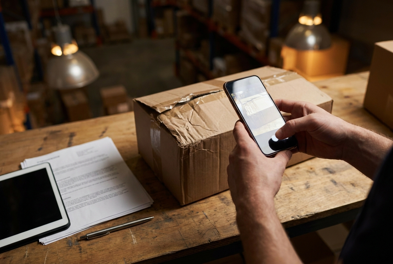 Person photographing a torn shipping carton next to a bill of lading and a tablet on a warehouse table