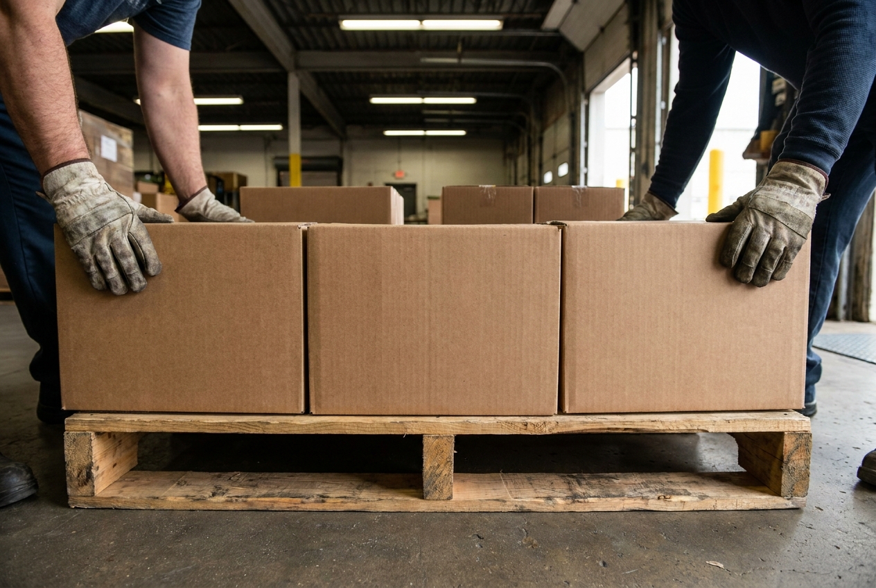 Warehouse worker stacking cardboard cartons in even layers on a wooden 48 by 40 GMA pallet at a loading dock
