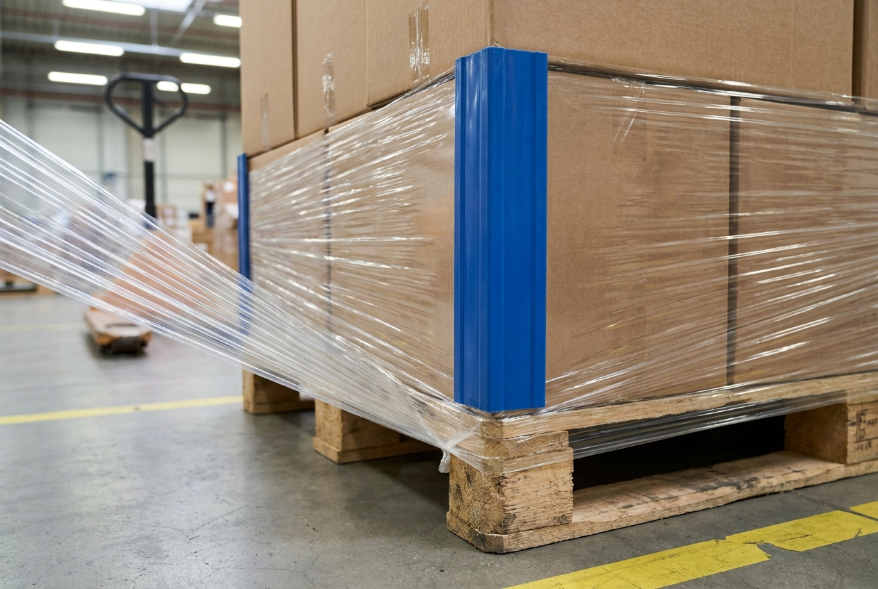 Stretch film being wrapped around the base of a boxed pallet load with plastic corner boards on the vertical edges