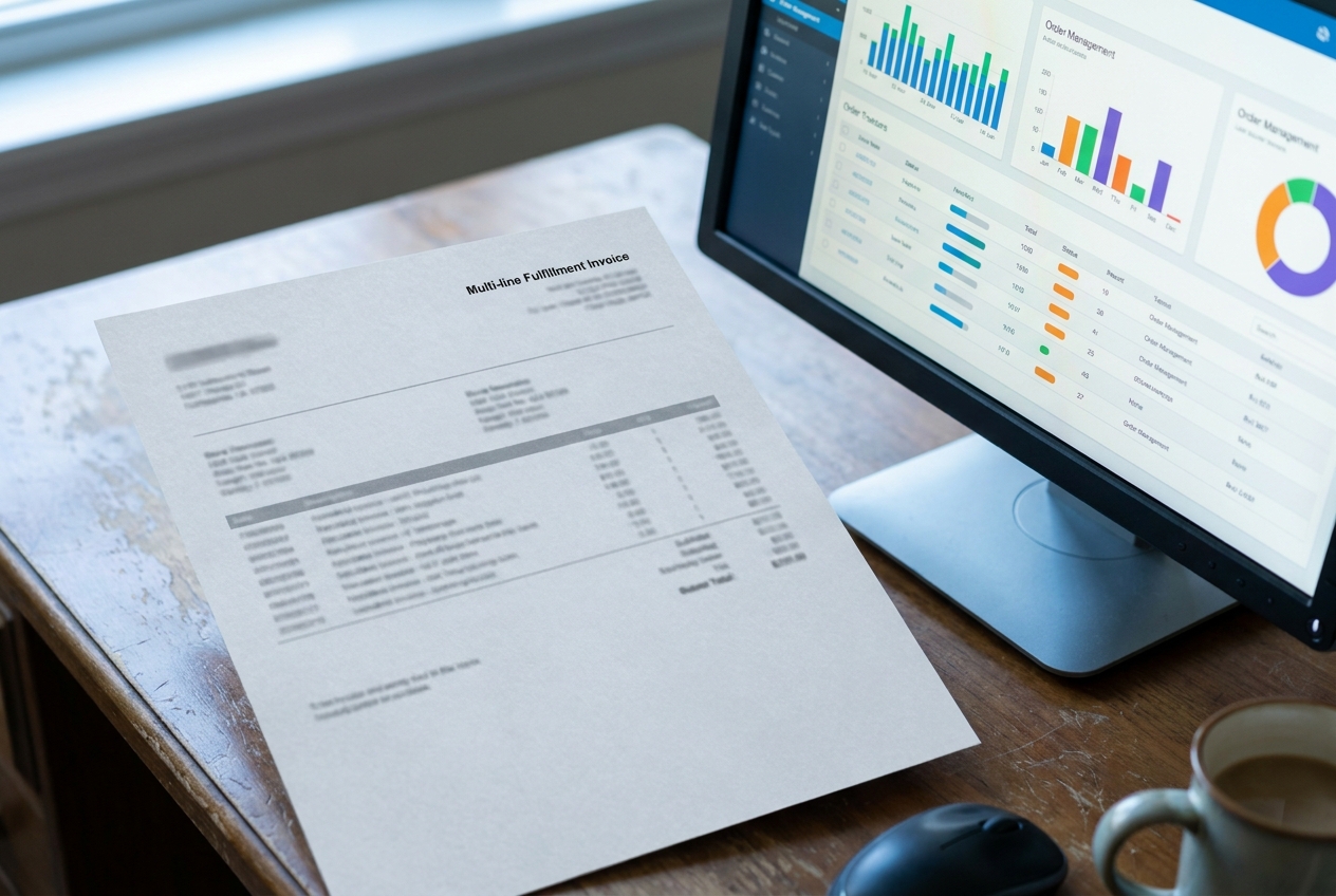 A printed multi-line warehouse fulfillment invoice on a desk beside a monitor showing an order management dashboard