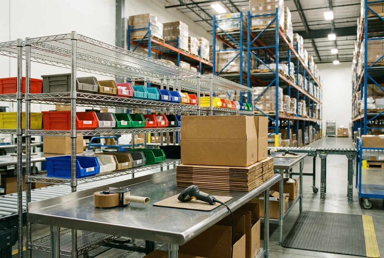 Pick-and-pack station in an ecommerce fulfillment warehouse with shelving, order totes, and a packing table