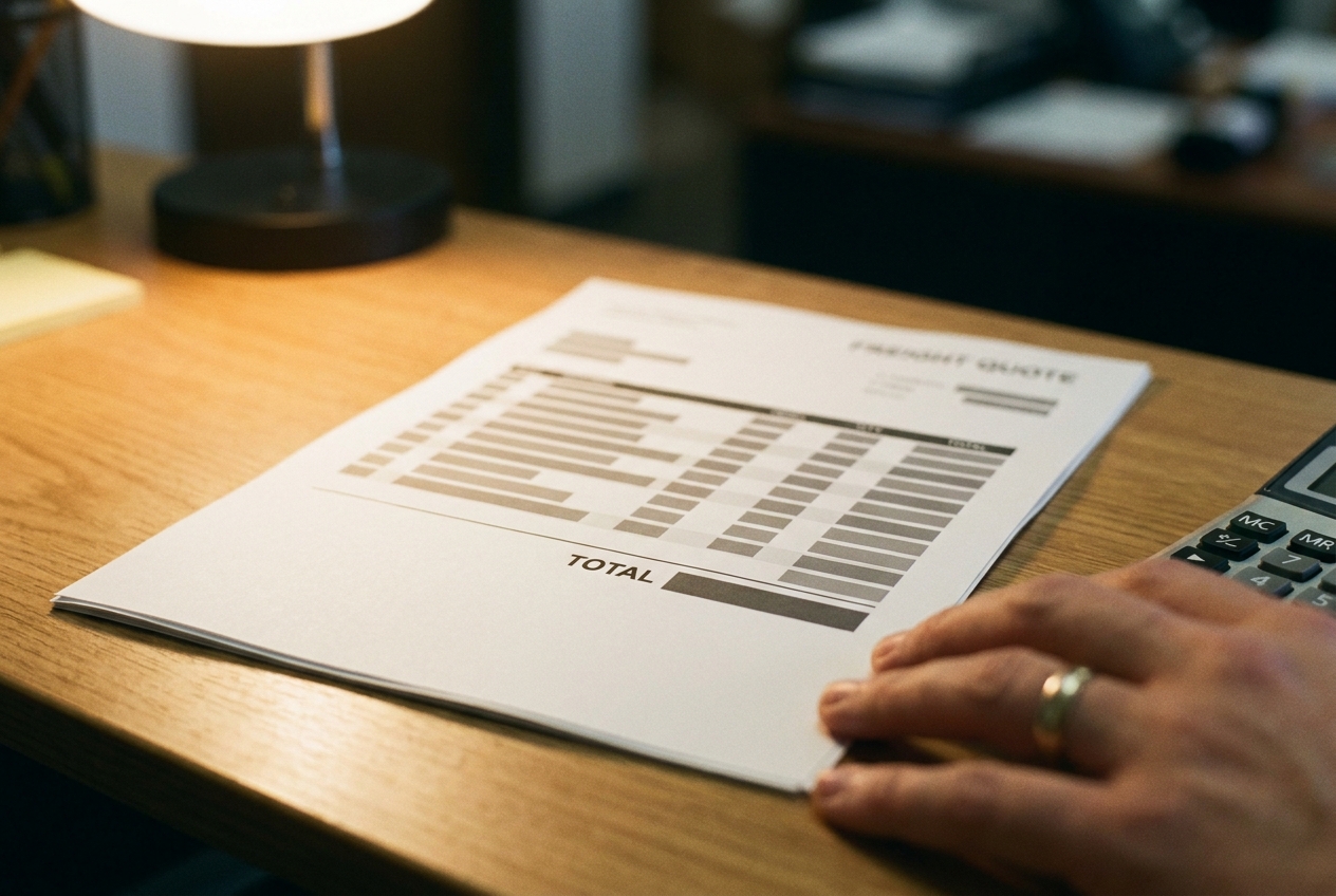 Printed LTL freight rate quote on a desk showing linehaul, fuel surcharge, and accessorial line items next to a calculator