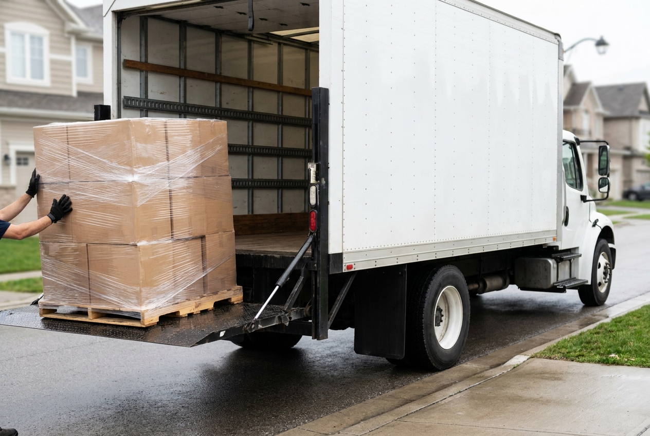 Warehouse worker using a liftgate on the back of an LTL box truck to lower a wrapped pallet to a residential curb