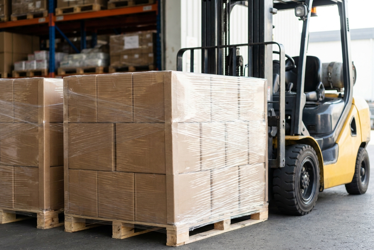 Stacked and shrink-wrapped freight pallets staged on an LTL loading dock next to a forklift