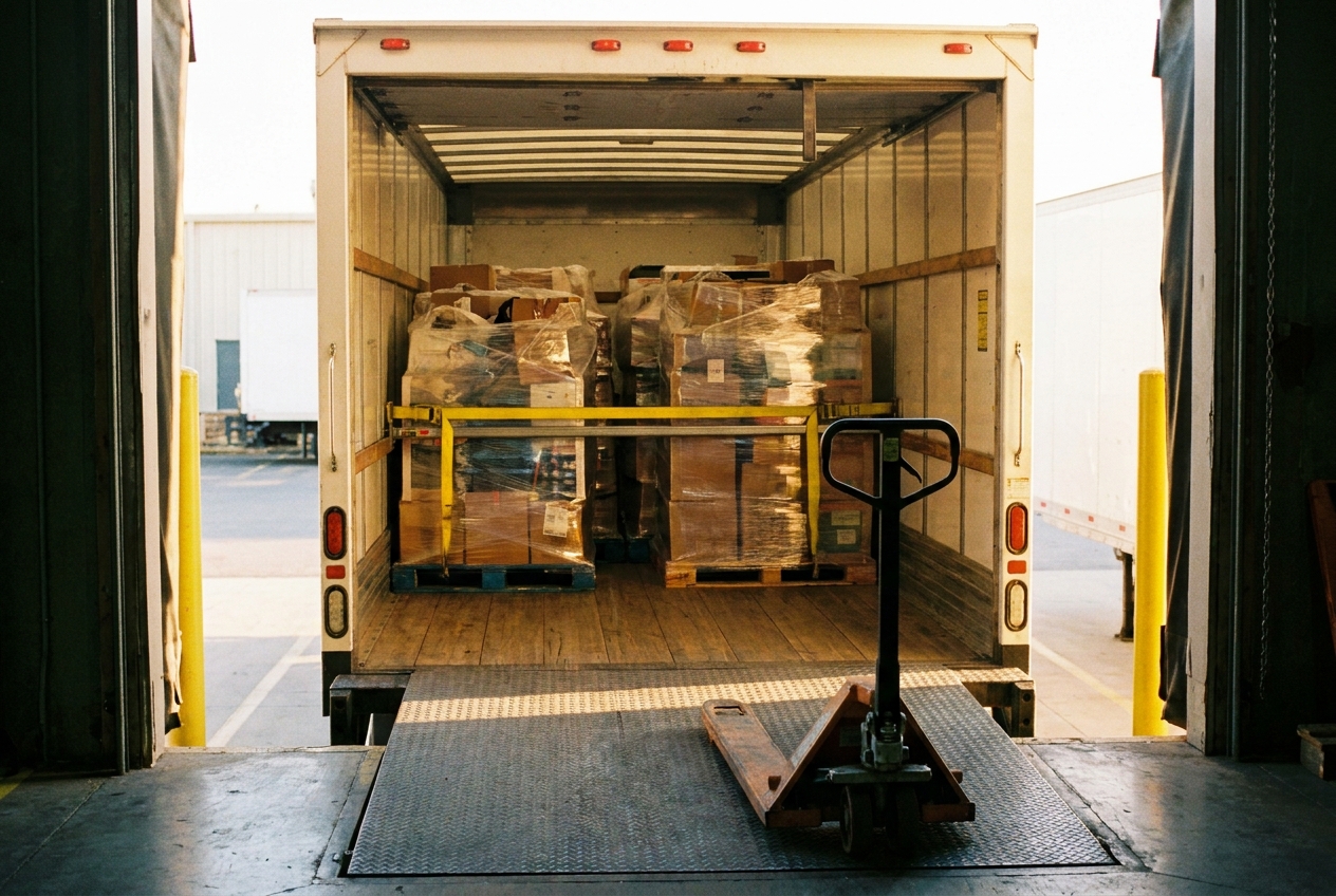 Consolidated freight shipment loaded into the back of an LTL box truck with pallets secured by load straps