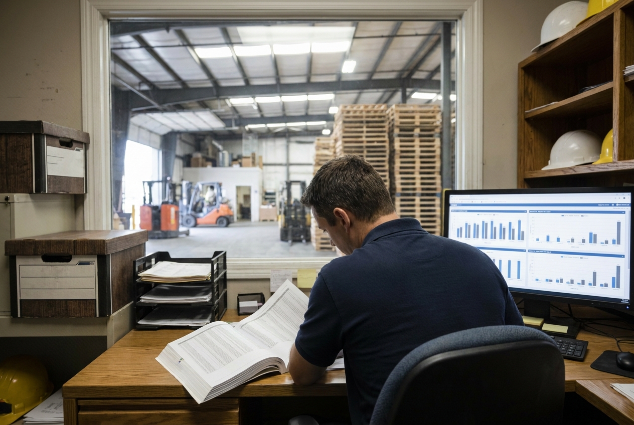Supply chain manager reviewing a printed logistics RFP document and pallet volume spreadsheets at a warehouse office desk