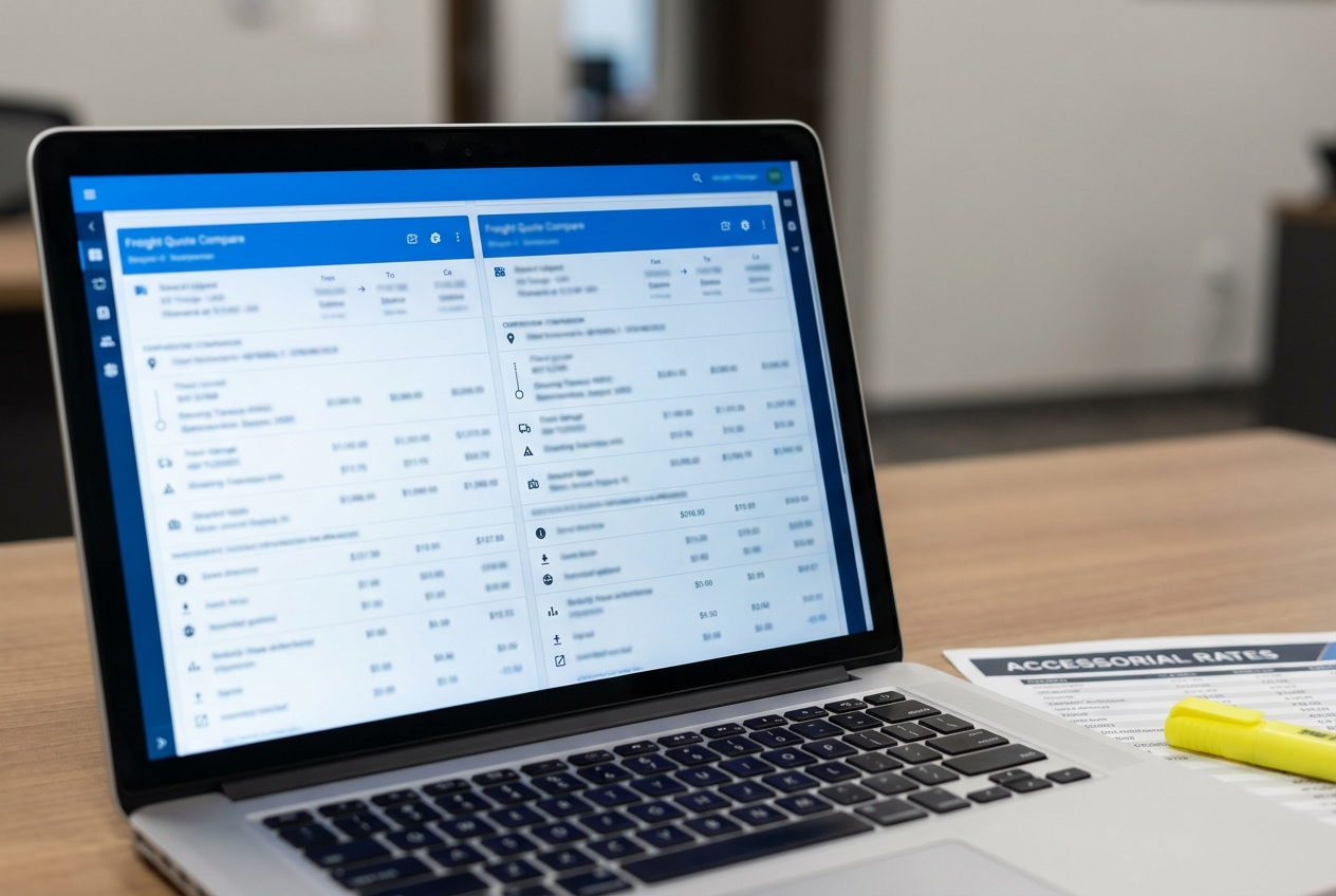 Two logistics providers' freight bids compared side by side on a laptop screen showing line-item pricing and accessorial charges