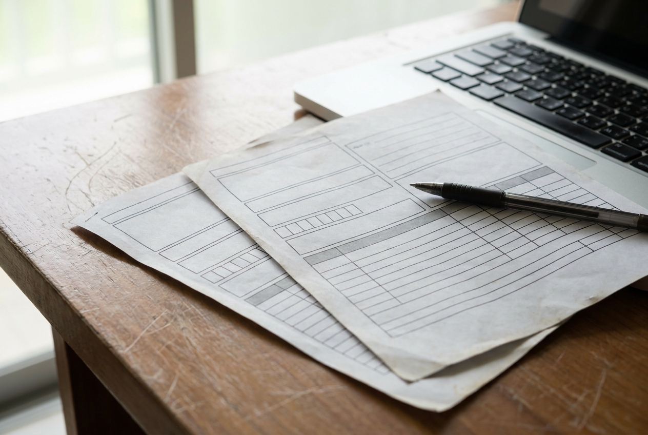 Stacked import documents including a commercial invoice and packing list on a desk beside a laptop at a freight forwarder office