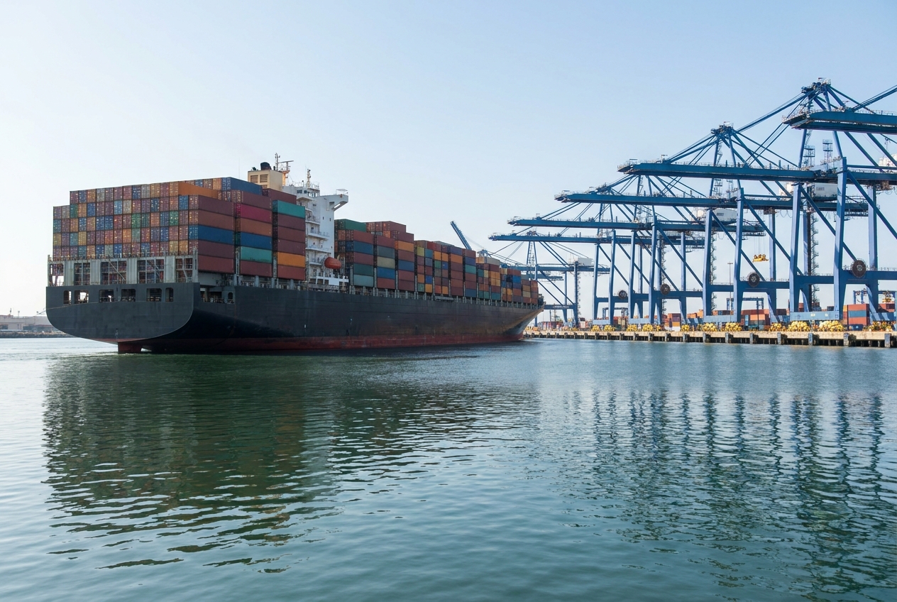Ocean container ship stacked with intermodal containers arriving at a US port terminal with gantry cranes