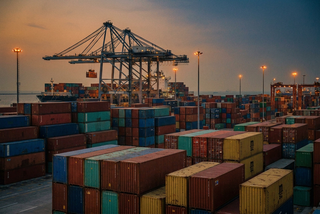 Stacked shipping containers at a busy ocean port terminal with a gantry crane loading a vessel at dusk
