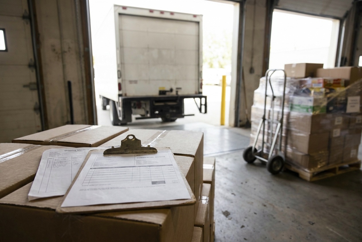 Freight forwarder reviewing shipping documents and a commercial invoice on a clipboard beside a loaded truck at a warehouse loading dock