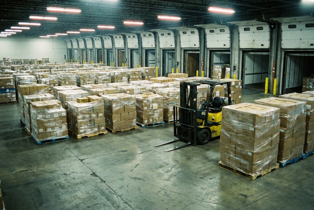 Shrink-wrapped pallets of mixed freight staged inside an LTL cross-dock terminal with a forklift nearby