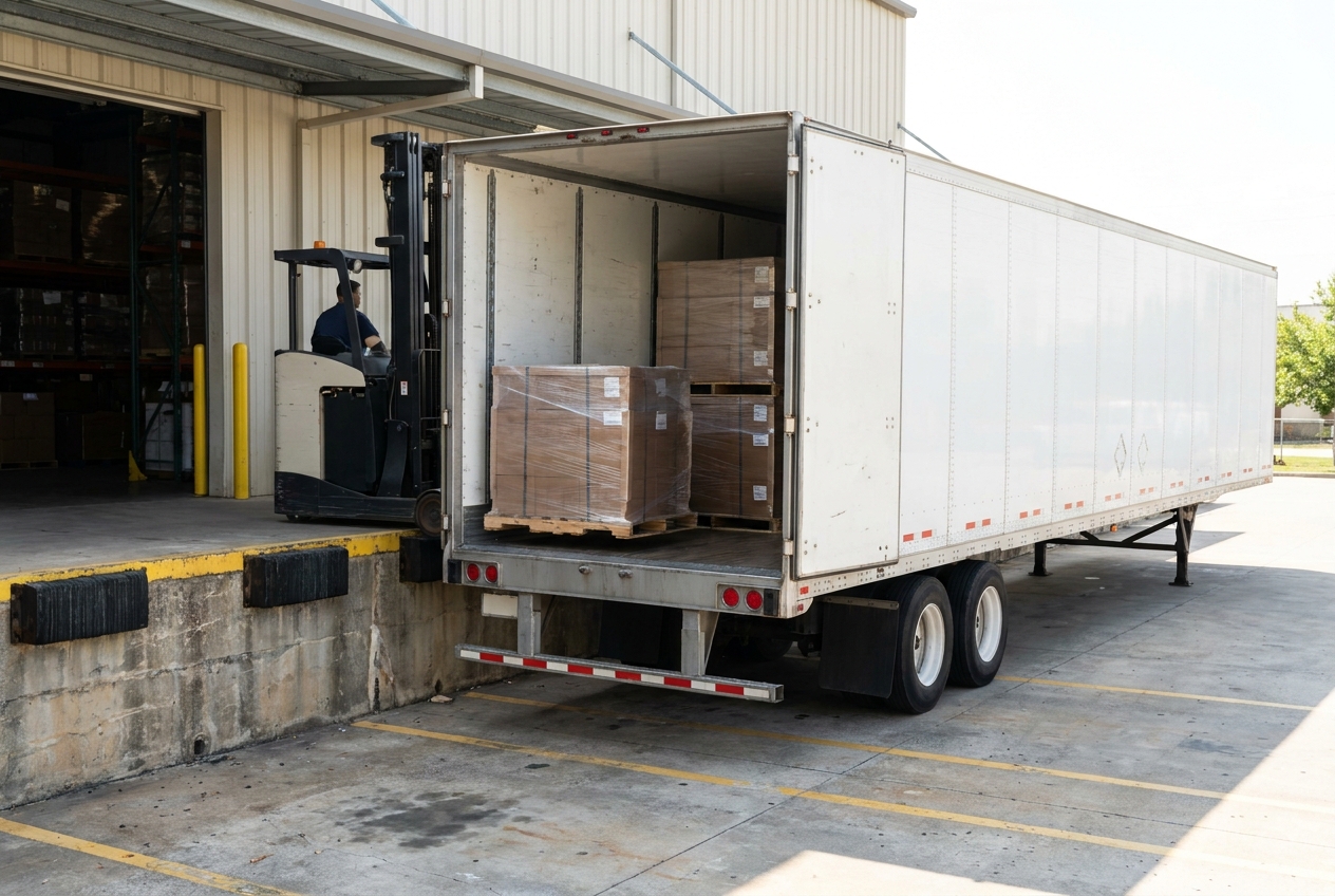 A 53-foot dry van truckload trailer backed into a loading dock being loaded with a single shipper's palletized freight