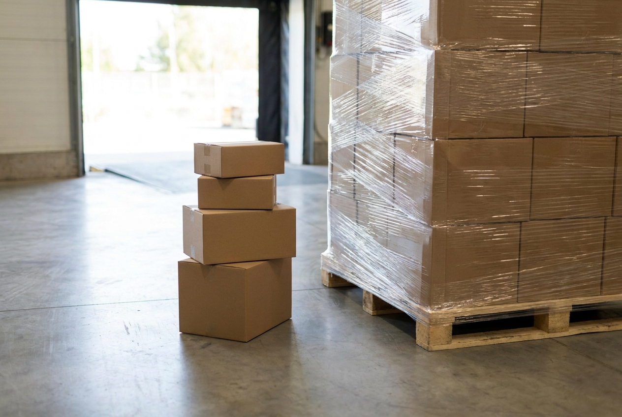 Stacked cardboard parcel boxes beside a stretch-wrapped freight pallet on a warehouse floor