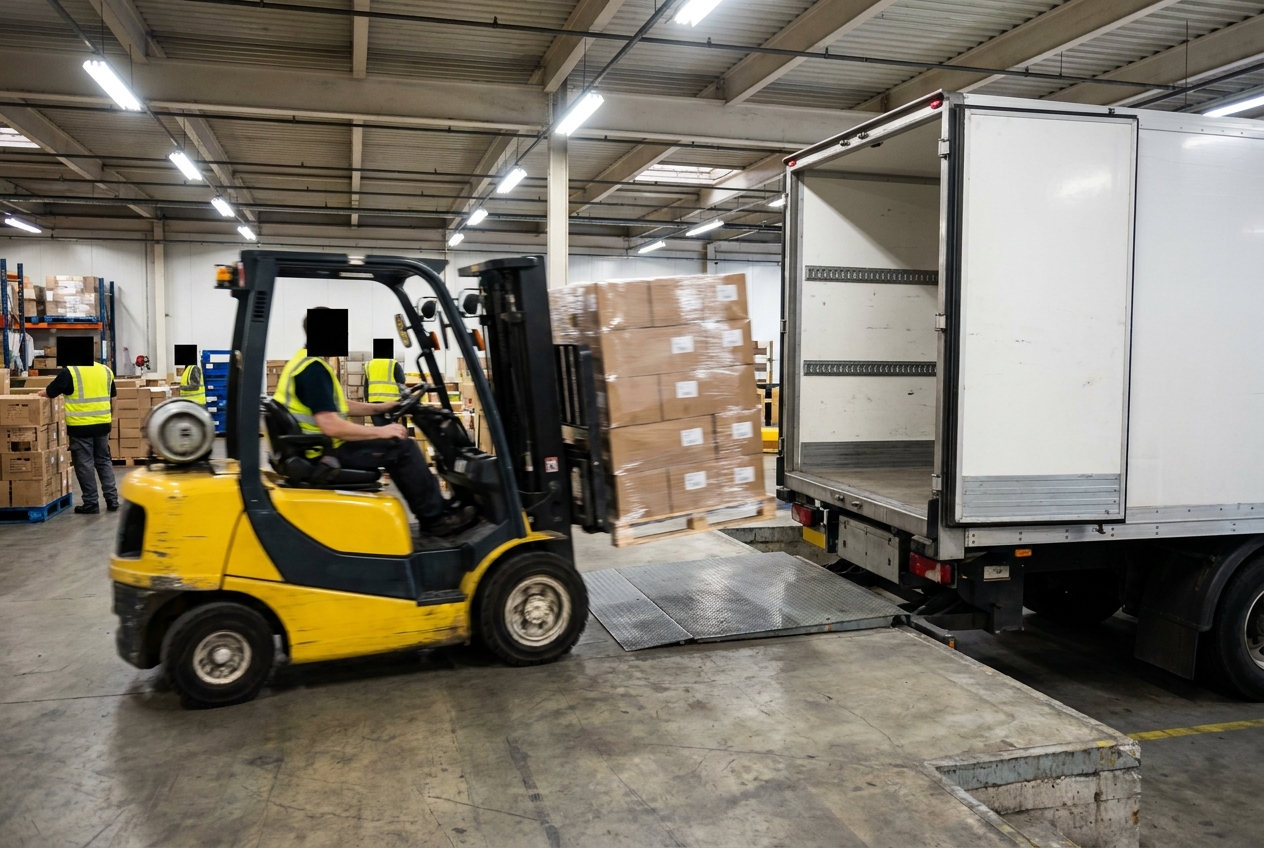 Forklift moving a stretch-wrapped pallet of boxes toward an LTL freight truck at a loading dock