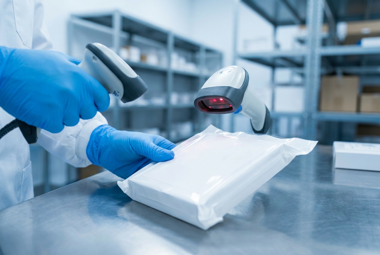 Gloved hands scanning a barcode on a sterile-packaged medical implant box in a controlled warehouse