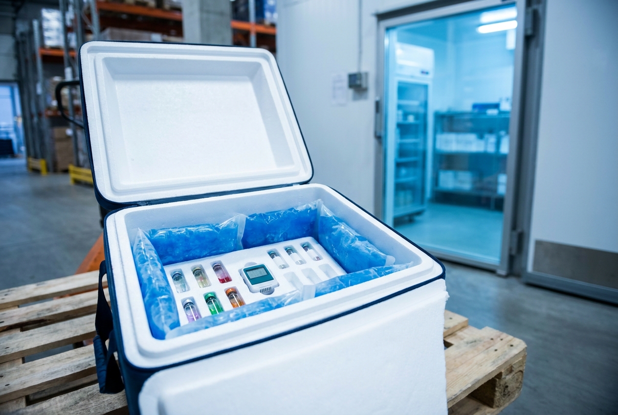 Insulated medical shipping cooler with gel packs and a temperature data logger being packed at a distribution dock