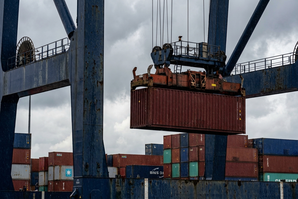 Stacked shipping containers on a gantry crane at a busy ocean container terminal