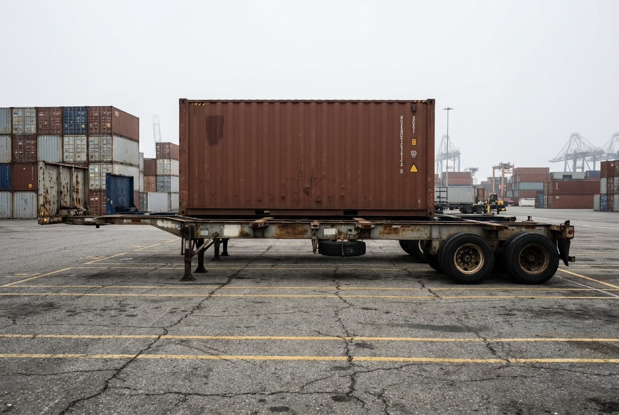 A container chassis with a loaded intermodal container parked at a port drayage yard