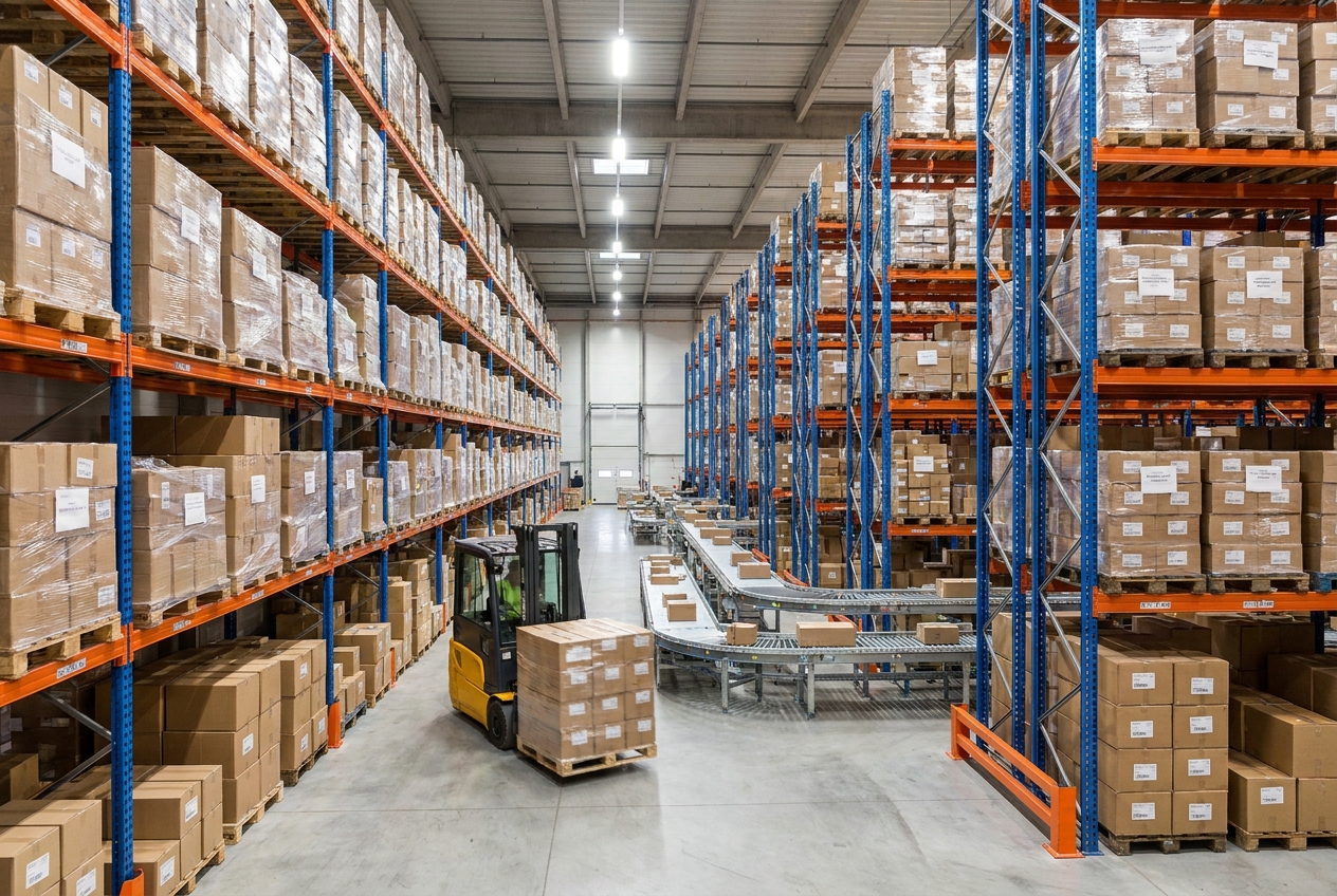 Rows of stacked pallets and shelving in a busy e-commerce fulfillment warehouse during peak season