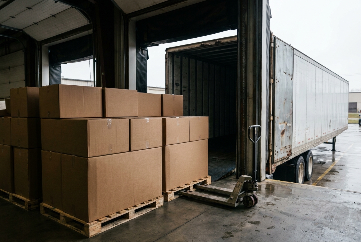 Boxed inventory staged on a warehouse loading dock next to a parked freight truck ready for inbound shipment