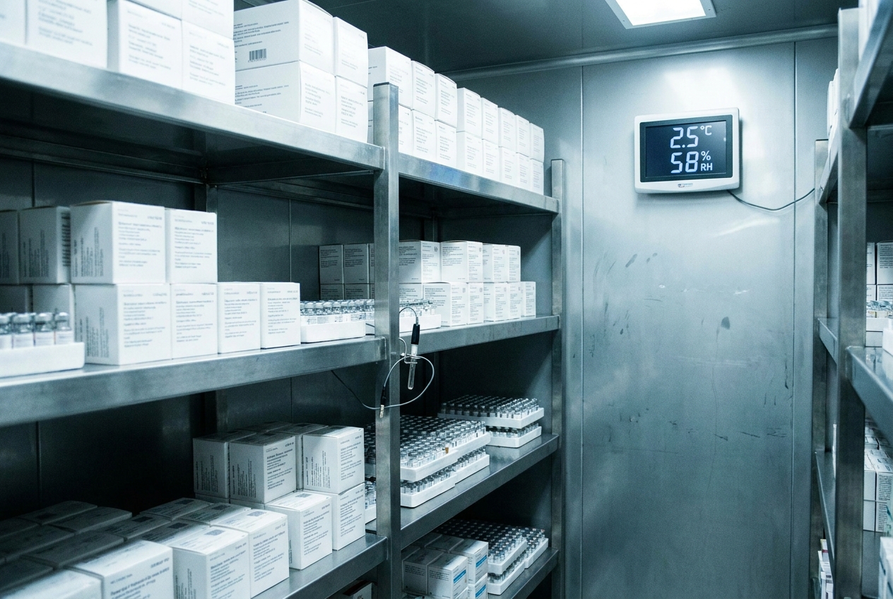 Rows of labeled medicine cartons on shelving inside a validated 2 to 8 C pharmaceutical cold room with a wall-mounted temperature display