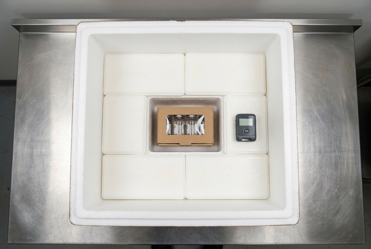 An insulated pharmaceutical shipping box packed with conditioned phase change material panels around a payload space, with a data logger placed beside the product