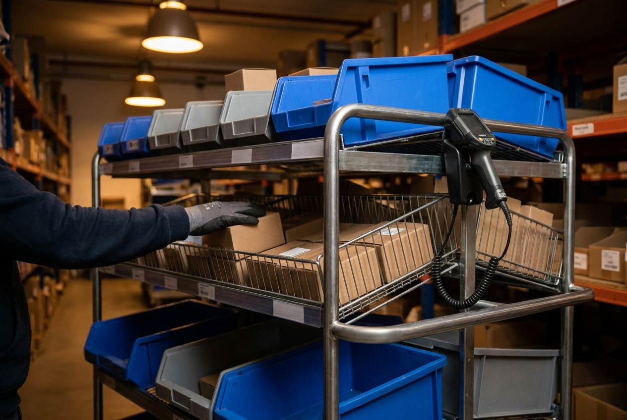 Warehouse pick path with a worker pushing a multi-bin picking cart down an aisle of shelving racks