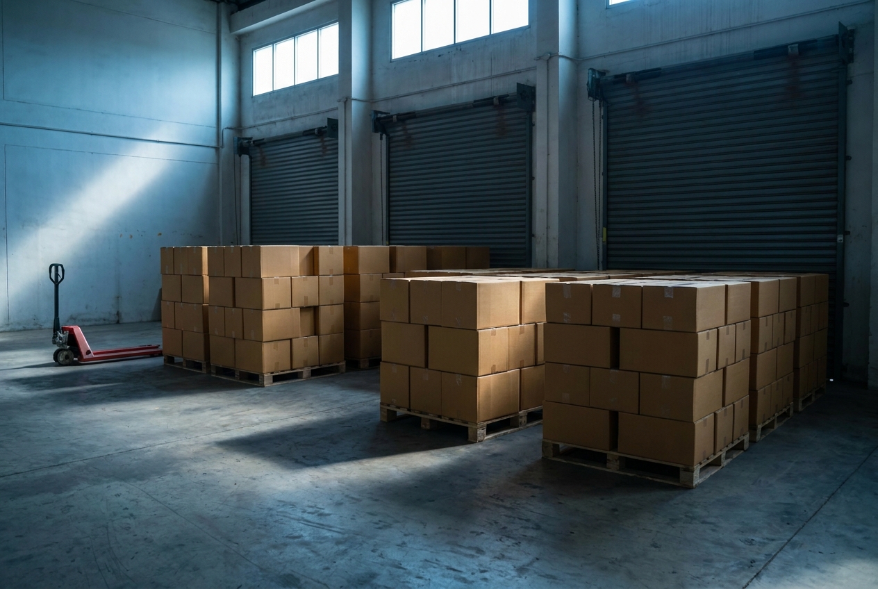 Rows of packed shipping boxes staged at loading dock doors sorted by carrier for scheduled pickup