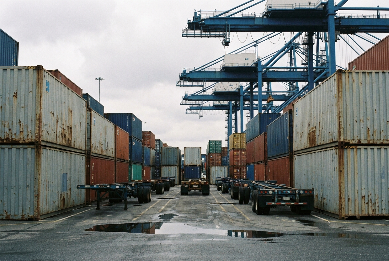 Rows of stacked shipping containers and idle chassis filling a crowded marine terminal yard under gantry cranes