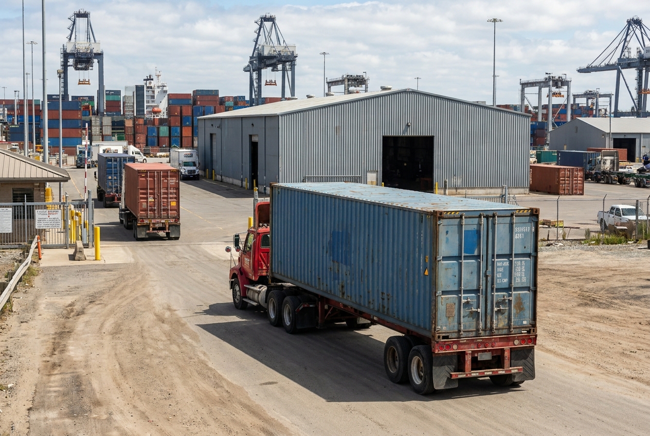 A drayage truck hauling a container away from a busy port terminal gate toward a nearby transload yard