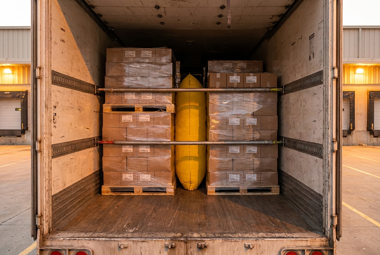 Shrink-wrapped freight pallets loaded tightly in rows inside a dry van trailer with load bars in place