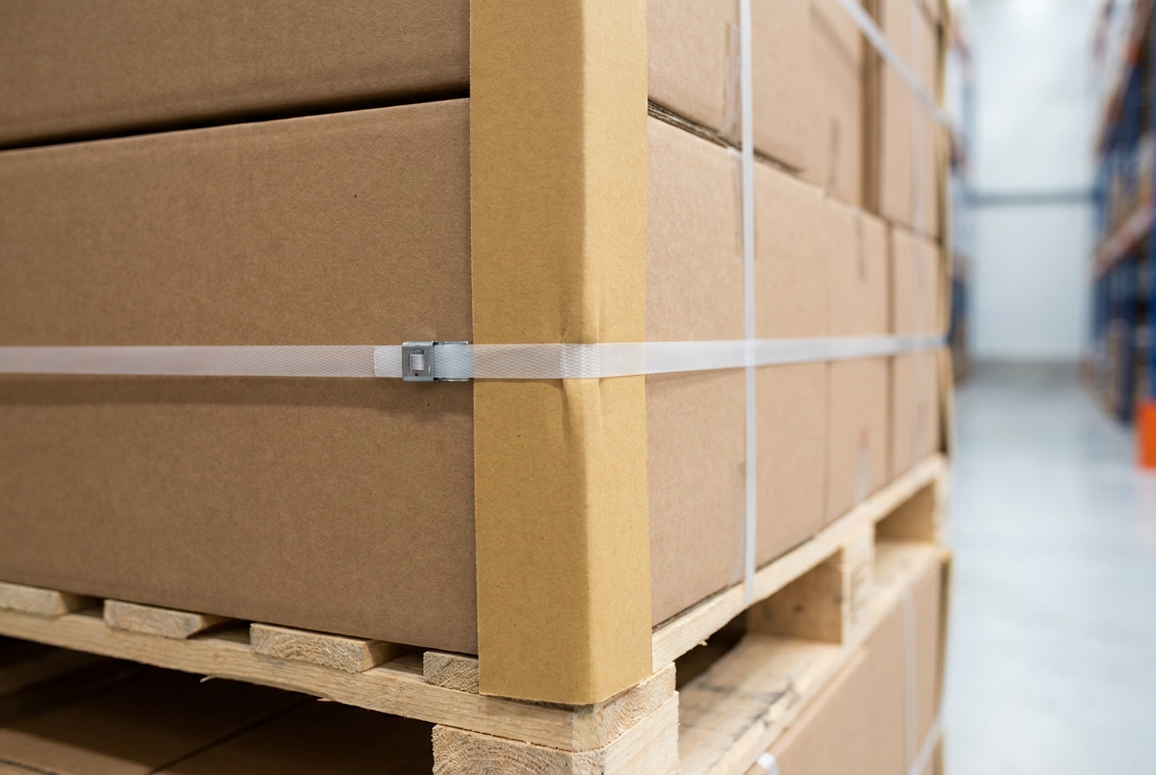 V-shaped cardboard edge protectors on the corners of a stacked pallet with tension straps running over them