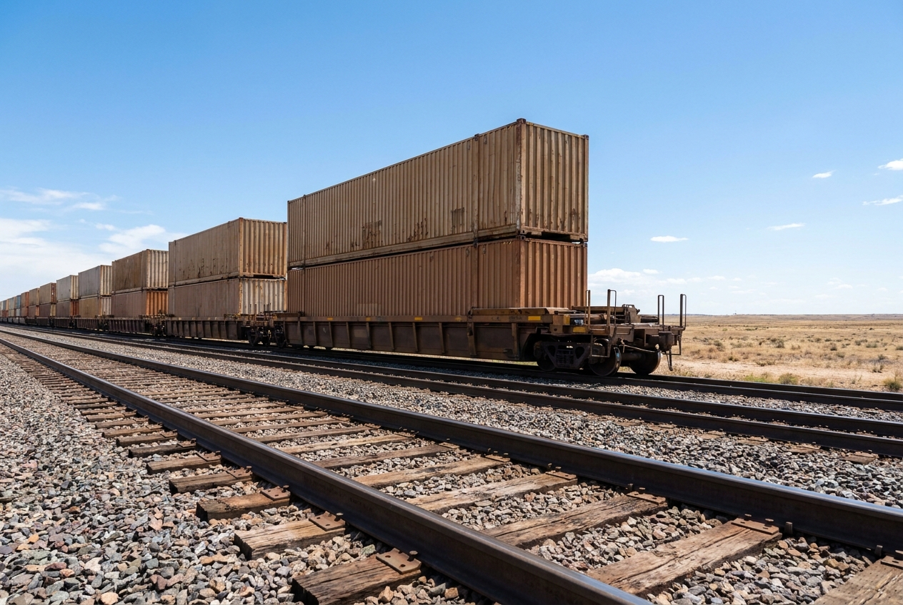 A long intermodal freight train hauling stacked shipping containers on double-stack flatcars through open plains