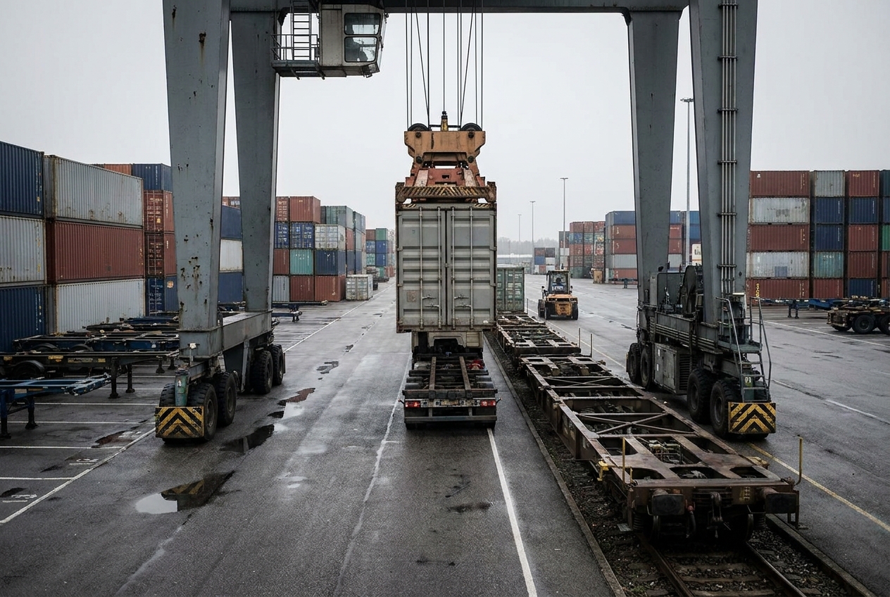 A rubber-tired gantry crane lifting a shipping container from a truck chassis onto a rail flatcar at an intermodal ramp