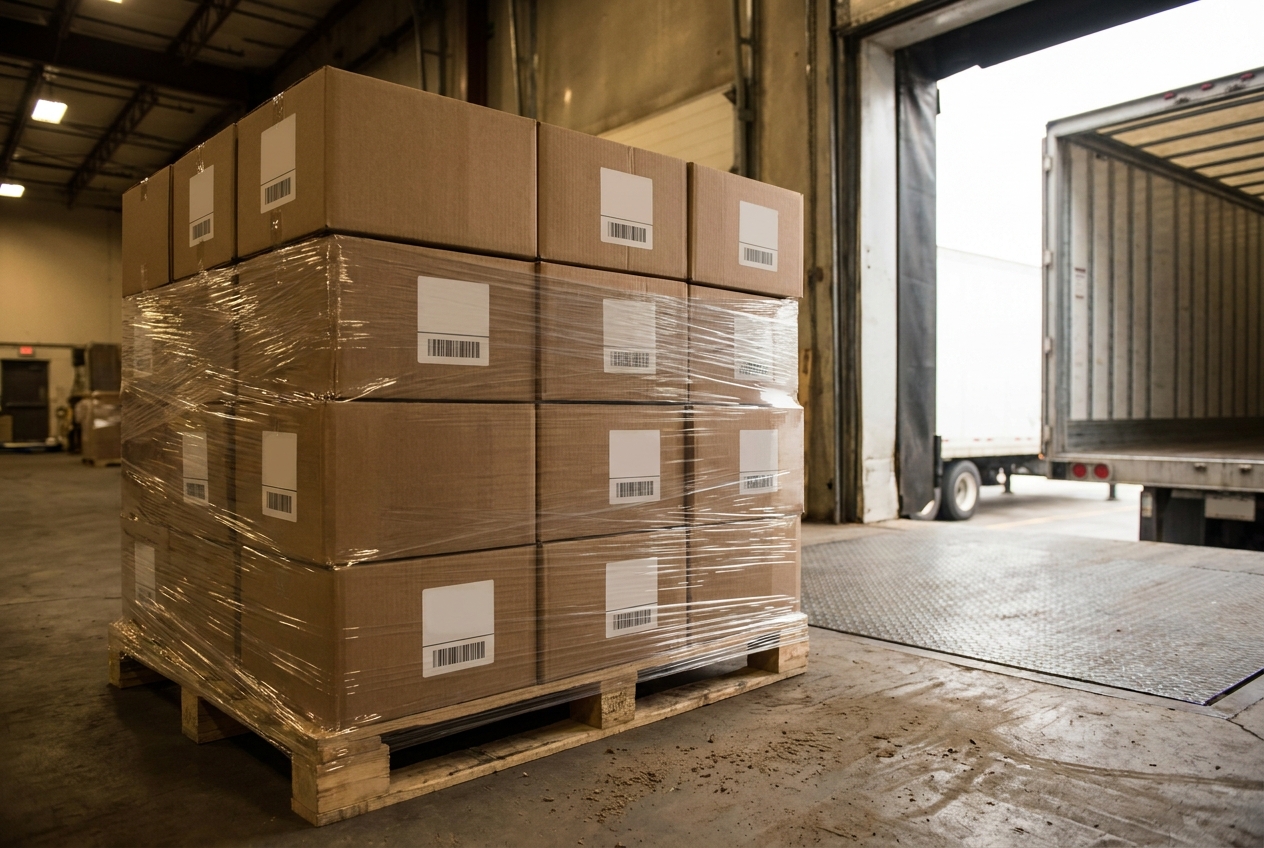 Cartons on a pallet with barcode shipping labels staged at a warehouse dock door before a retail delivery