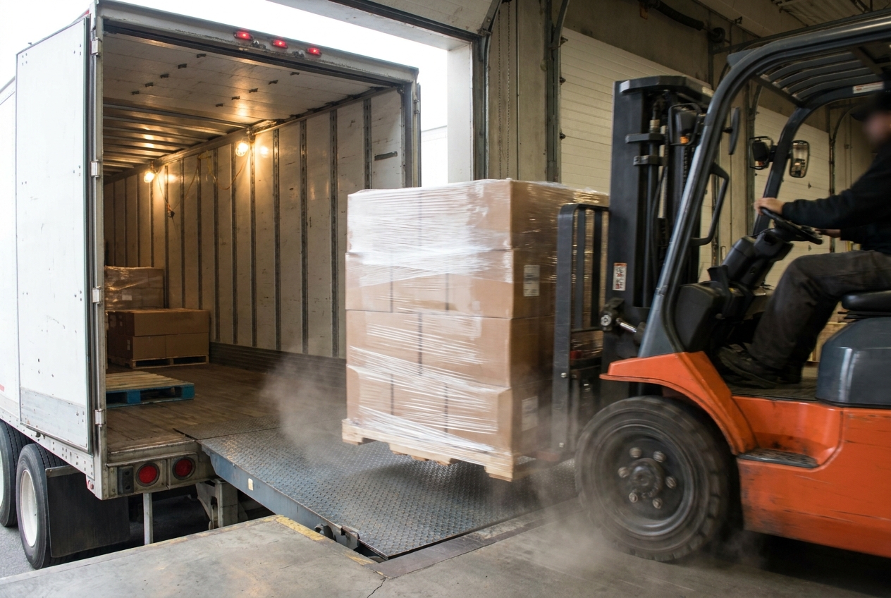 Forklift loading shrink-wrapped pallets into a dry van trailer at a distribution center dock