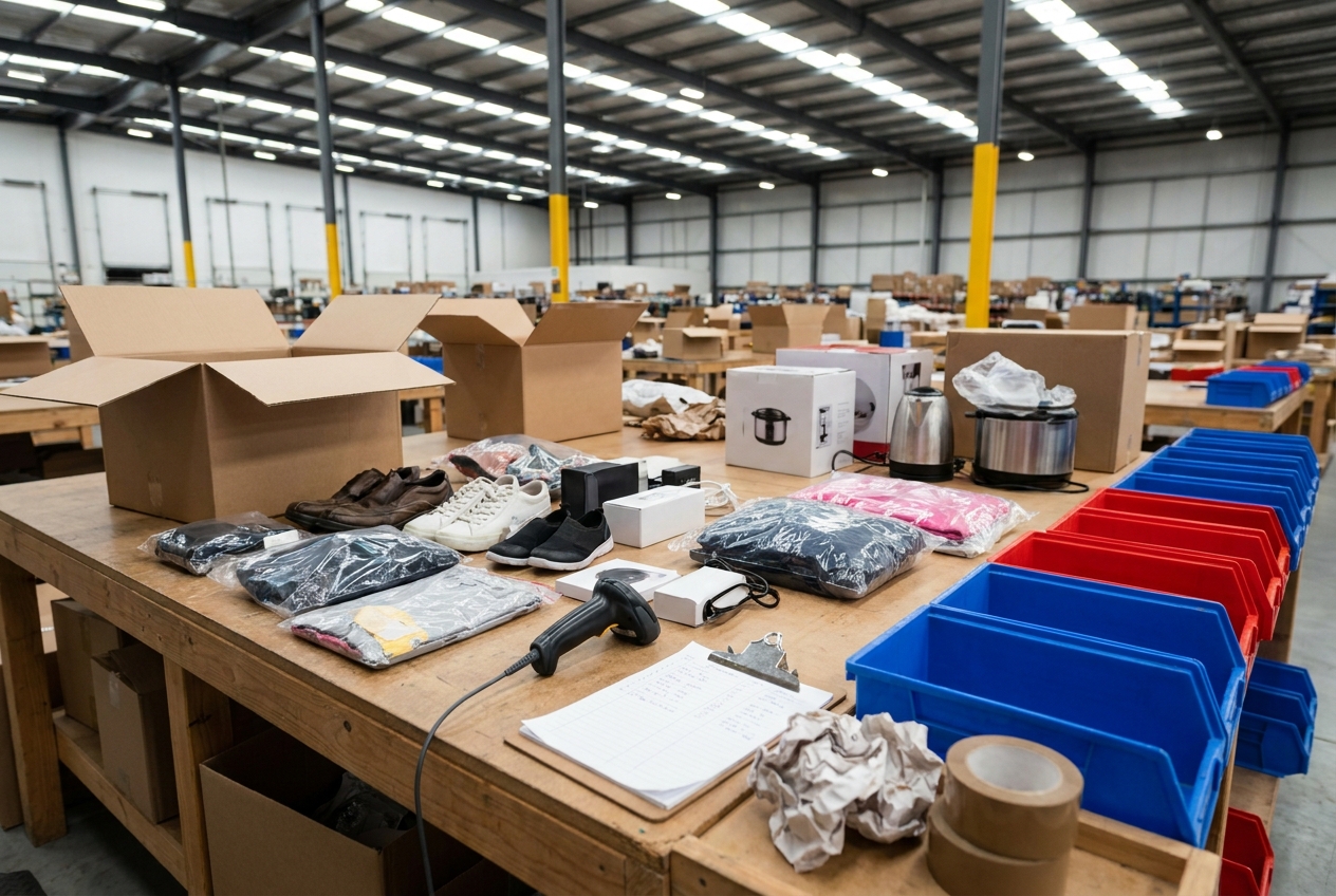 Returned parcels and open boxes staged on a warehouse returns inspection table with sorting bins