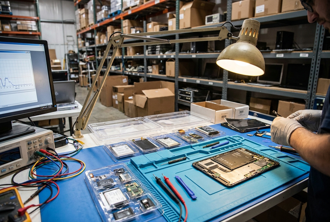 Warehouse worker refurbishing and testing a returned electronic device at a repair station with tools and packaging