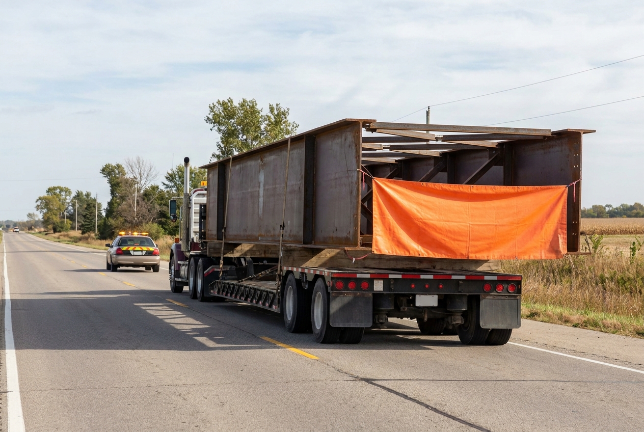 A wide-load flatbed trailer carrying an oversized industrial component on a highway with orange oversize-load banners and pilot car