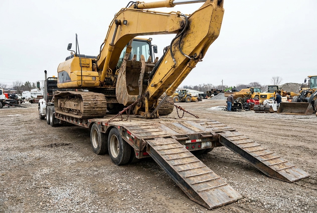 A multi-axle lowboy trailer loaded with a large yellow excavator staged in a yard, ramps down and load secured with chains