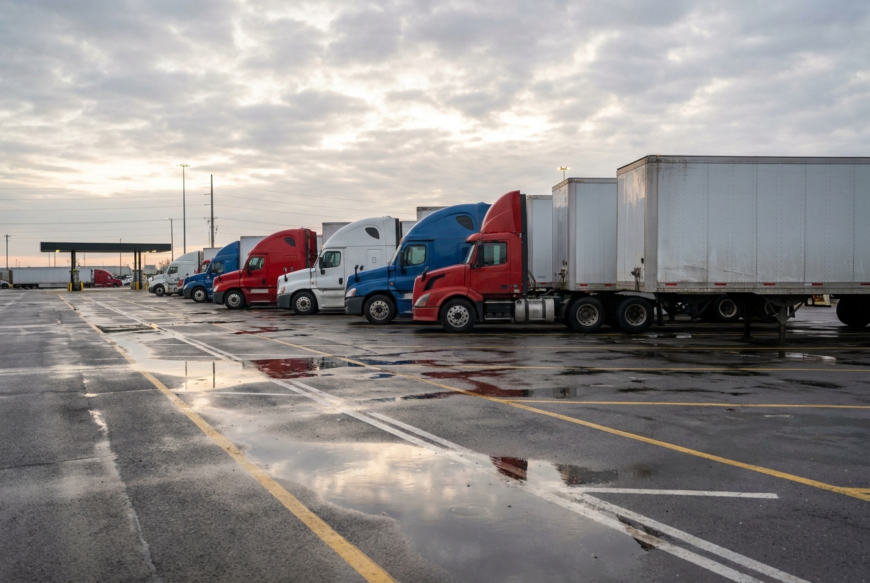 Long-haul dry van tractor-trailers lined up at a freight terminal yard under morning light