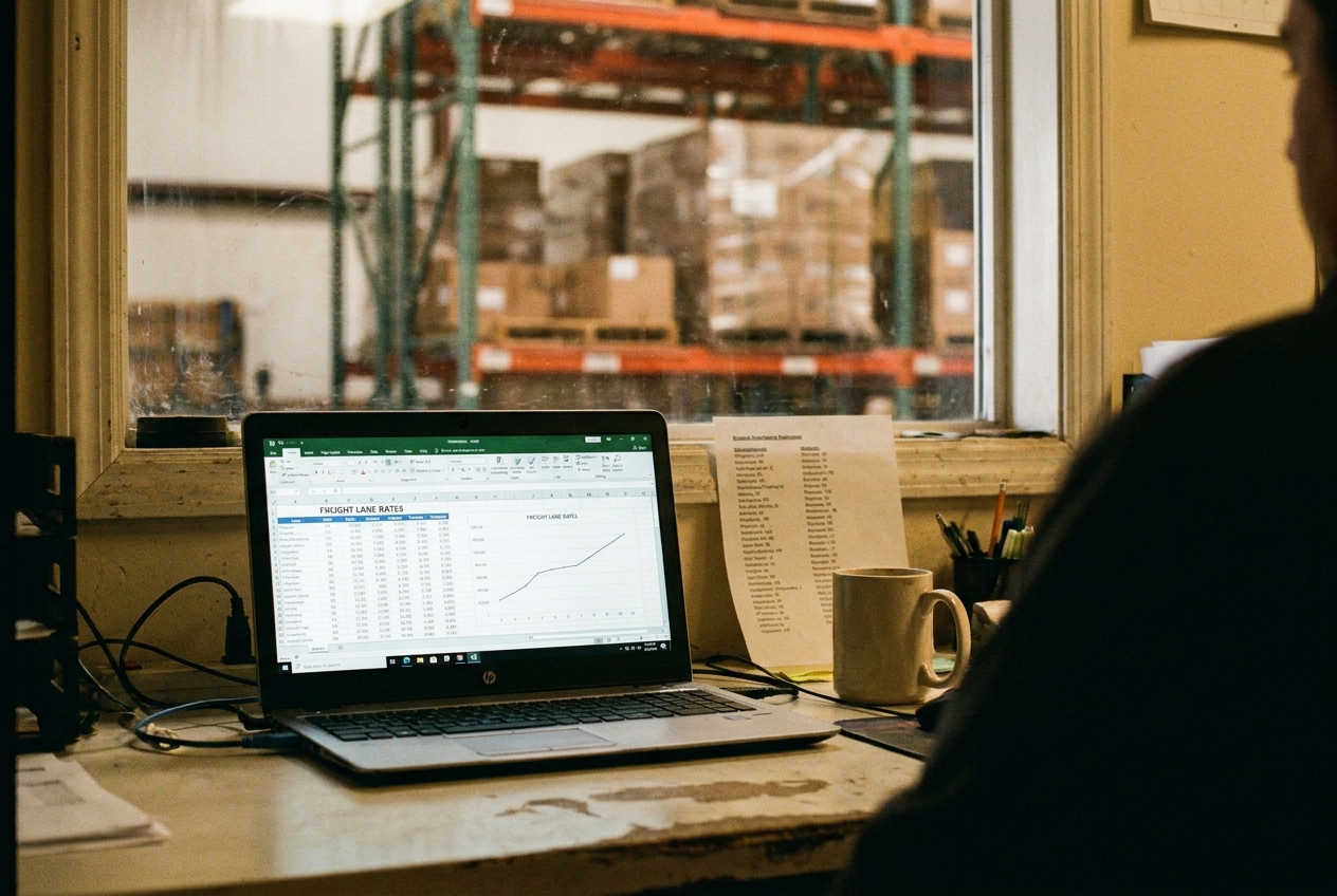 Shipper reviewing a freight lane rate spreadsheet on a laptop at a warehouse office desk