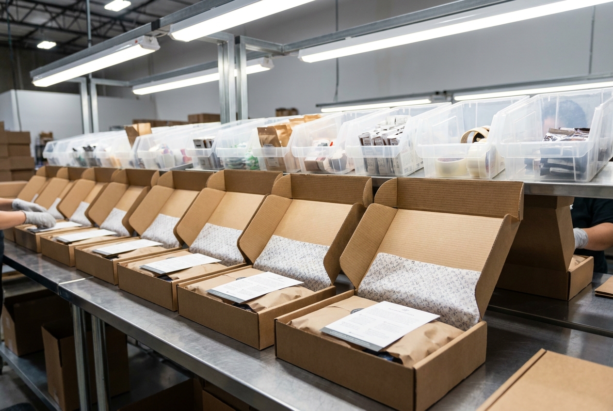 Warehouse kitting line with rows of open subscription boxes and staged component bins ready for assembly