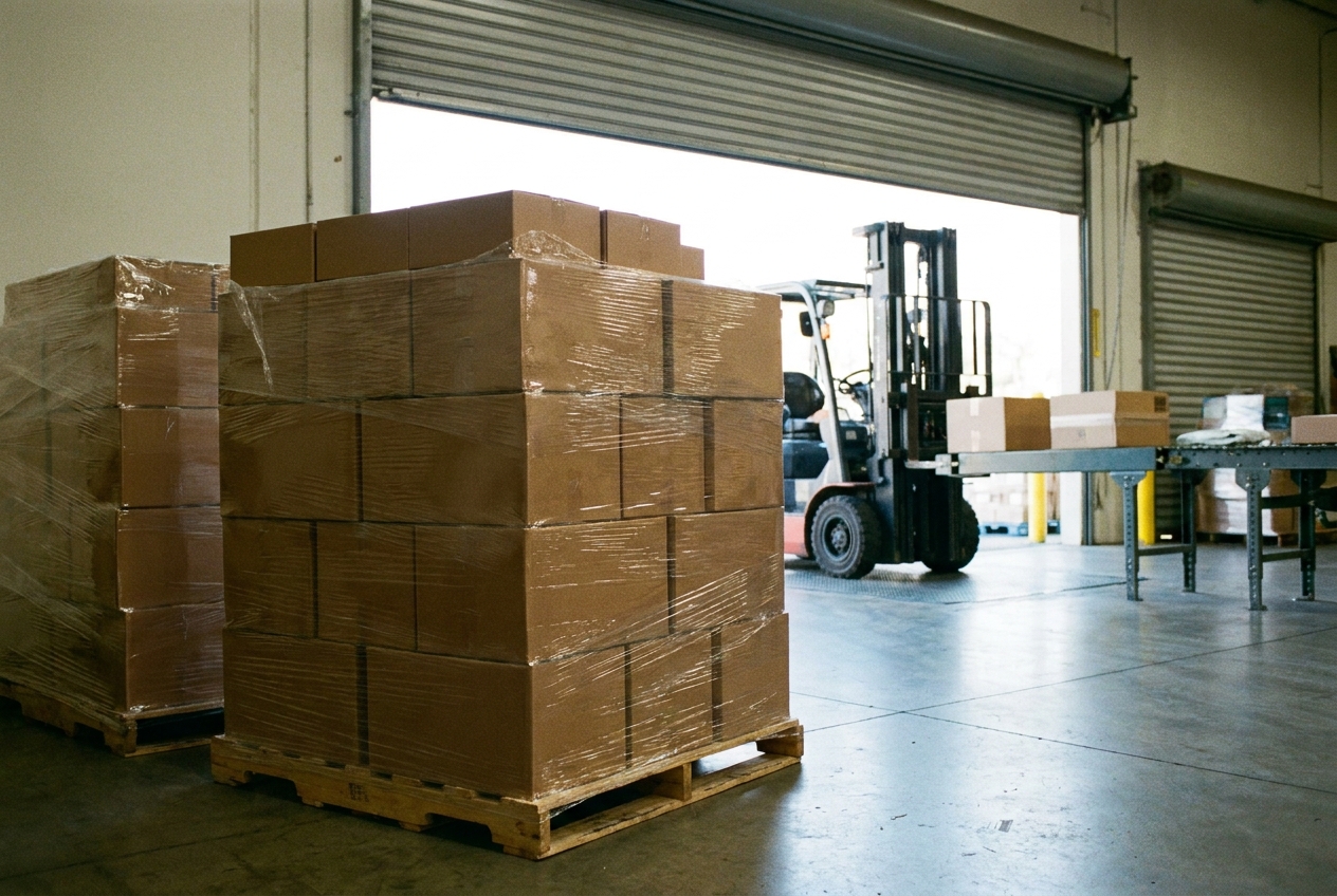Stacks of finished custom-printed subscription mailer boxes on a pallet at a warehouse outbound dock