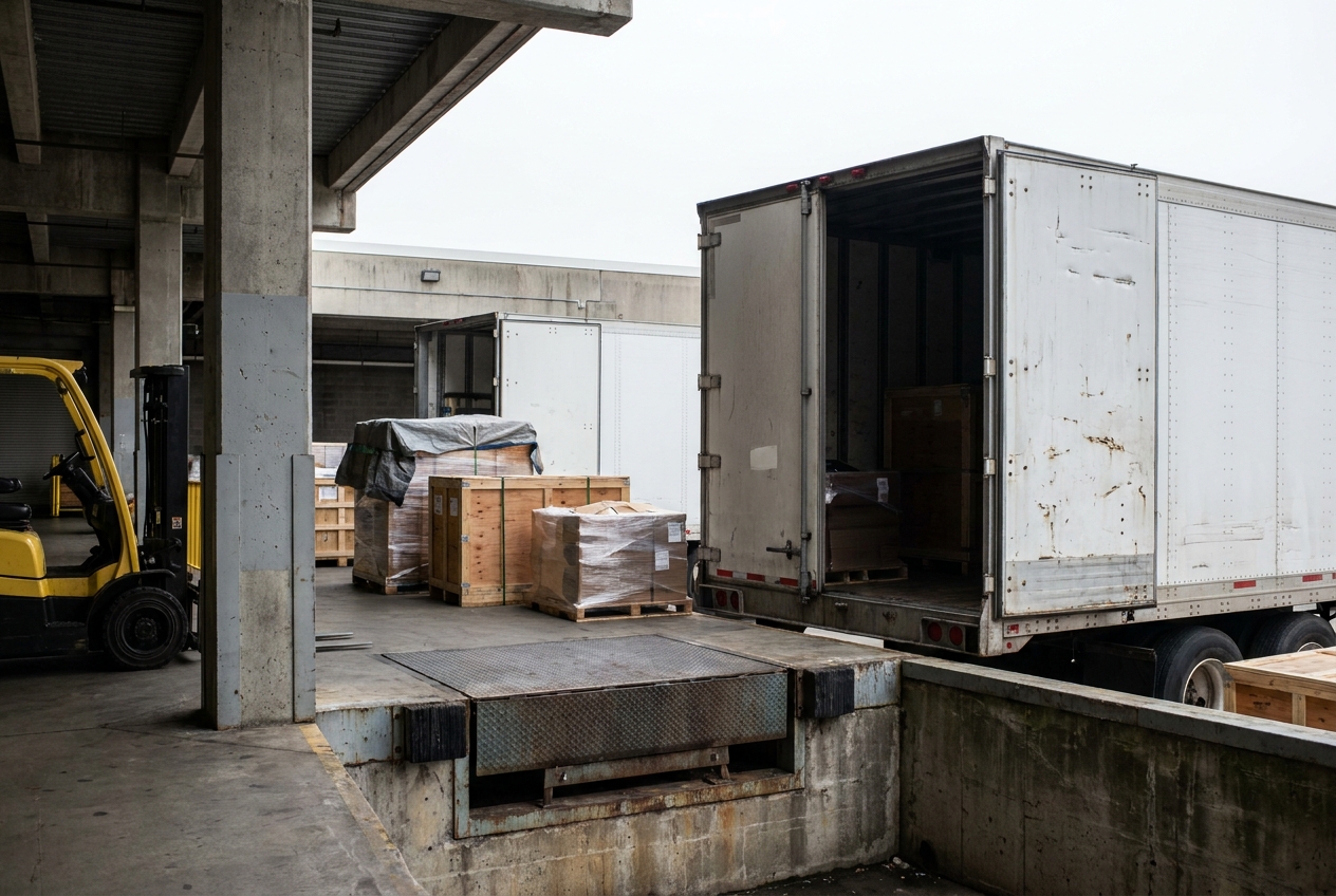 Crated exhibitor freight staged on a convention center loading dock with a forklift beside it