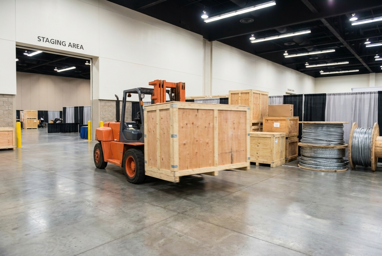 Warehouse crew using a forklift to move a crated trade show booth toward an exhibit hall entrance